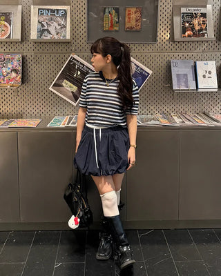 Wave Rib Border Half Sleeve Knit