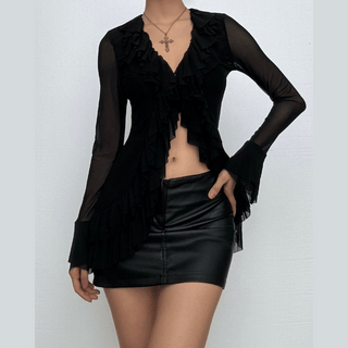Long sleeve deep v neck ruffle mesh solid top