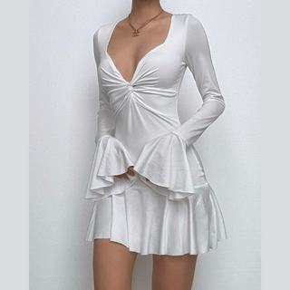 Long flared sleeve ruched v neck solid mini dress