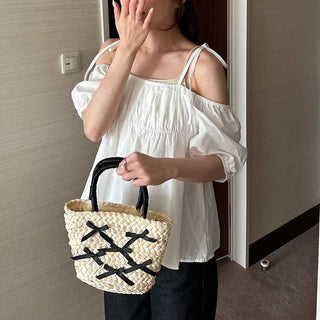 Ribbon Rattan Tote Bag
