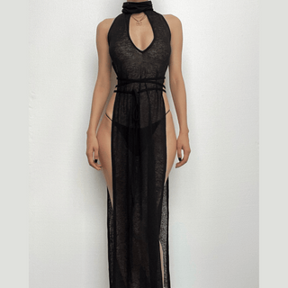 Sleeveless hoodie low cut slit self tie turtle neck see through maxi dress