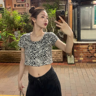 Leopard print crop cardigan t-shirt