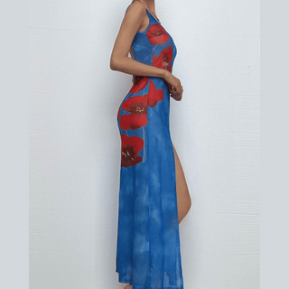Sheer mesh flower print backless slit tank midi dress