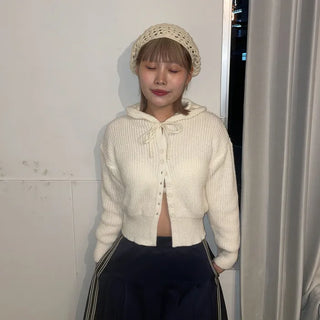 Cropped knit hoodie cardigan