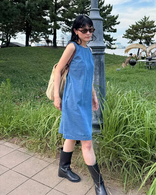 Round neck denim midi dress