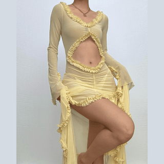 Long sleeve ruffle hollow out v neck sheer mesh cut out maxi dress-final-sale