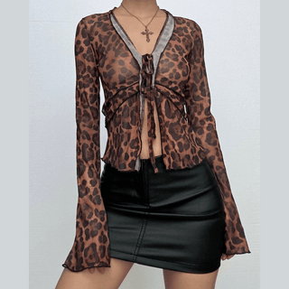 Long flared sleeve leopard print ruffle knotted sheer mesh top
