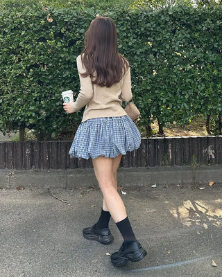 Belted check balloon mini skirt