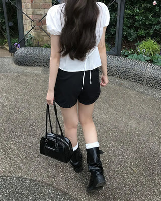 Pintuck puff sleeve ribbon tie blouse