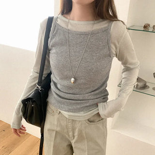 Ribbed sheer long-sleeve T-shirt