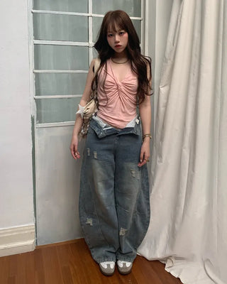 Washed distressed wide-leg denim pants