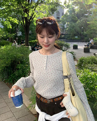 Flower Henley Neck Long T-Shirt