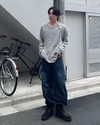 Asymmetrical slit button long T-shirt