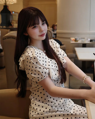 Polka Dot Puff Sleeve Long Dress