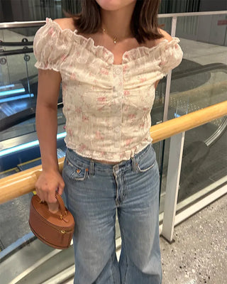 Frill puff sleeve short-sleeved blouse