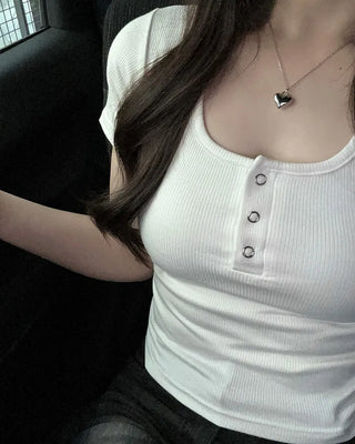 Button-down U-neck short-sleeved T-shirt