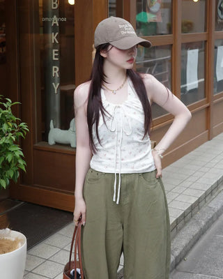 Mini Flower Ribbon Halter Neck Sleeveless