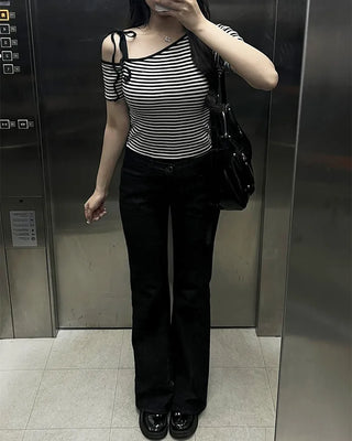 Striped one-shoulder short-sleeved T-shirt