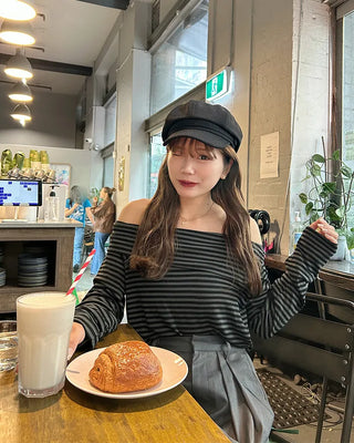 Striped off-shoulder long t-shirt