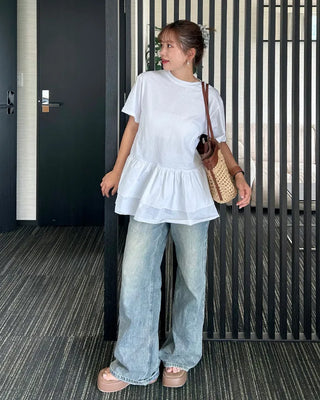 Frilled hem short-sleeve T-shirt
