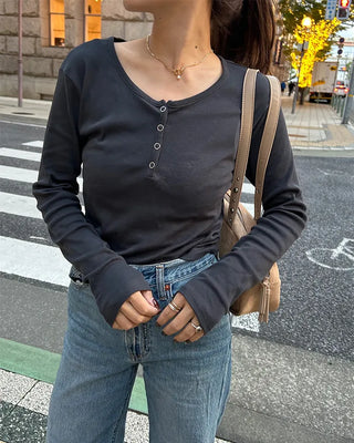 U-neck button-down slim-fit long-sleeve shirt