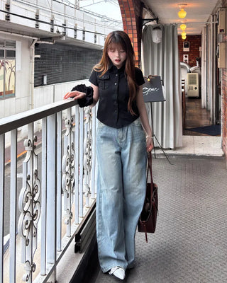 Flap pocket cropped short-sleeved shirt