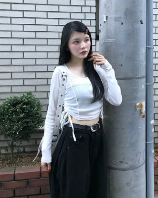 Jewel Neck Drawstring Crop T-Shirt