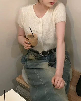 Shaggy knit short-sleeved cardigan