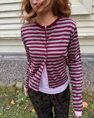 Round neck striped knit cardigan