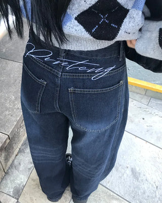 Hip-stitch washed denim pants