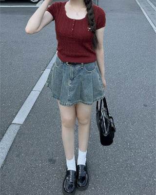 (Belt set) Denim pleated mini skirt