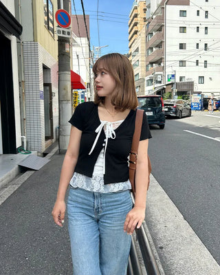 Lace-layered short-sleeved cardigan