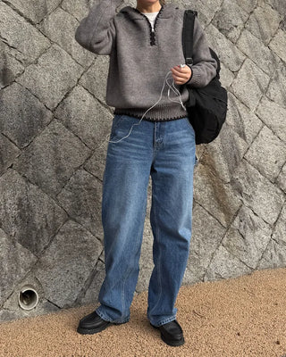 Two-tone knit half-zip hoodie
