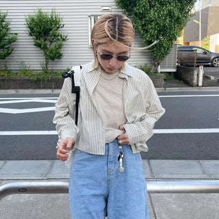 Striped long-sleeved cropped shirt