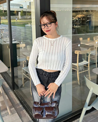 Ribbed Shirring See-Through T-Shirt