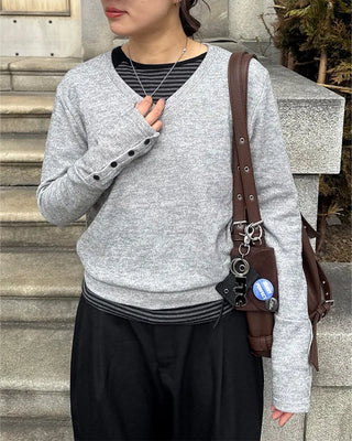 Sleeve Button V-Neck Long T-Shirt