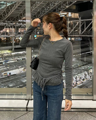 Waist frill long-sleeve T-shirt