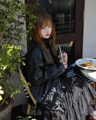 High-neck leather jacket