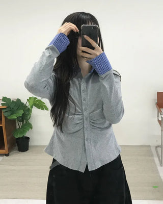Checkered shirt layered gathered cardigan