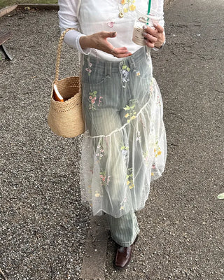 Flower embroidered sheer midi dress
