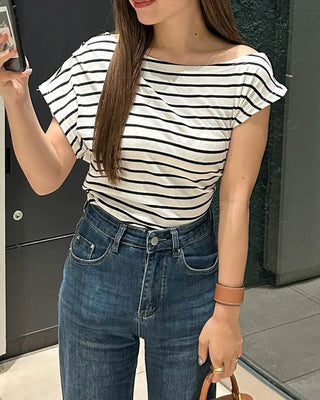 Asymmetrical Off-Shoulder Striped T-Shirt