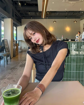 Boat neck polka dot ribbon blouse