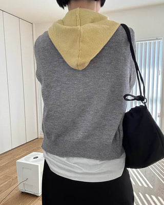 Layered knit hooded cardigan