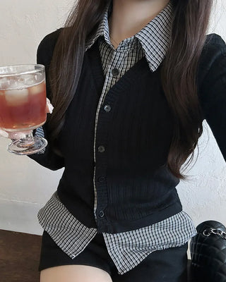 Checked shirt layered cardigan