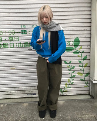 Elastic waistband, two-pleat wide-leg pants