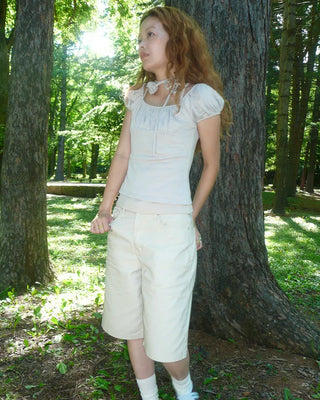 Rose Tie Set Puff Sleeve Gathered Rib Top