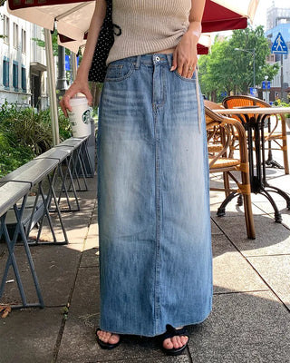 Washed long denim skirt
