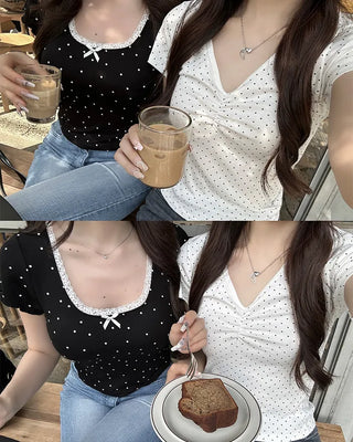 V-neck polka dot shirred half T-shirt