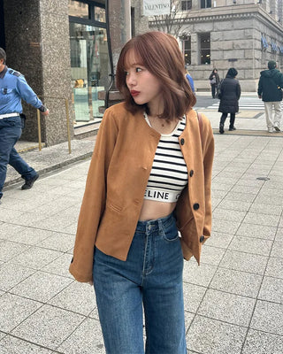 Collarless suede jacket