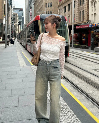 See-through lace long-sleeve T-shirt